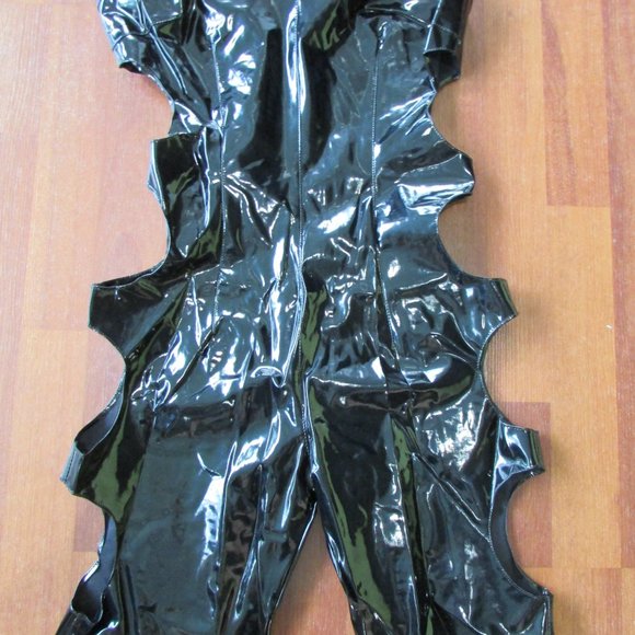 Black Patent Shiny Vinyl Cutout Sides Catsuit - Picture 4 of 8